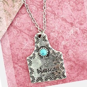 NEW Silvertone and Turquoise Blessed Cattle Tag Necklace